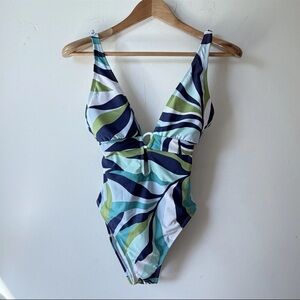 Women's Sanctuary Blue Green Multi Print One Piece Swimsuit S Tropical Vacation